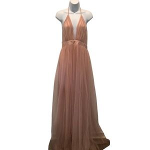 VELVI “SYNDEY” BLUSH LOW CUT FRONT OPEN BACK GODDESS GOWN L NWT
